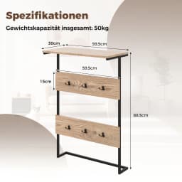 Wall wardrobe with storage, wall shelf with 6 hooks, industrial metal frame wardrobe bar, dresses Rod wardrobe panel