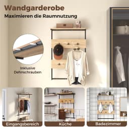Wall wardrobe with storage, wall shelf with 6 hooks, industrial metal frame wardrobe bar, dresses Rod wardrobe panel