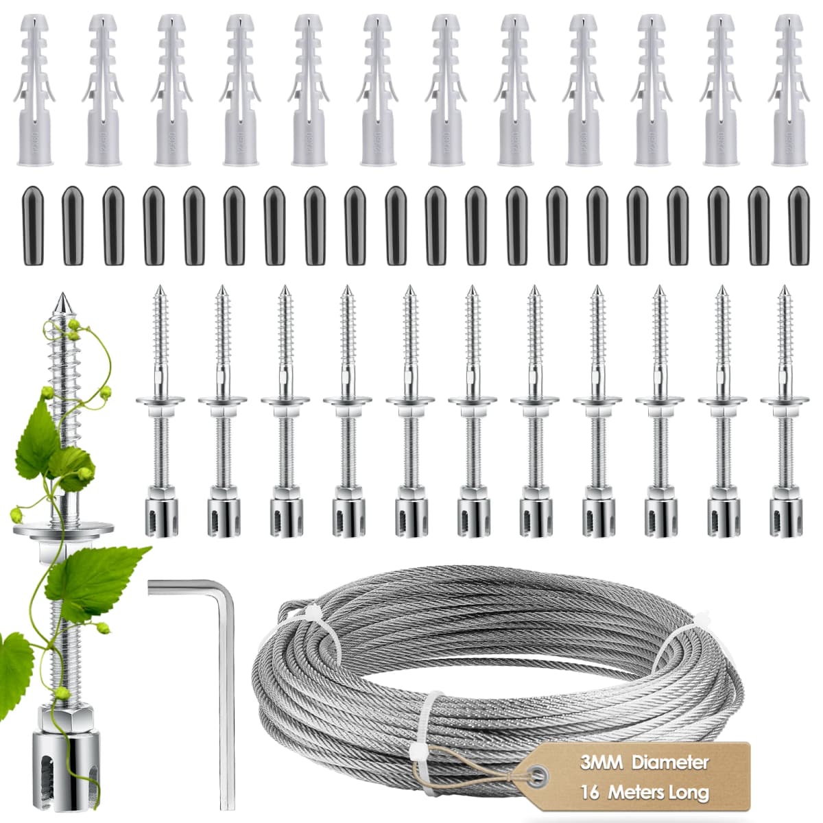 Climbing plant support, 16m stainless steel rope suspension kit, with 3mm stainless steel cable and 12 tensioners(16m)