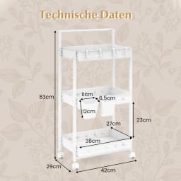 3-level trolley, serving trolley with wheels, kitchen trolley with 2 hanging cups & 4 hooks & handle, multi-purpose trolley for kitchen