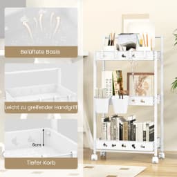 3-level trolley, serving trolley with wheels, kitchen trolley with 2 hanging cups & 4 hooks & handle, multi-purpose trolley for kitchen