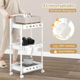 3-level trolley, serving trolley with wheels, kitchen trolley with 2 hanging cups & 4 hooks & handle, multi-purpose trolley for kitchen