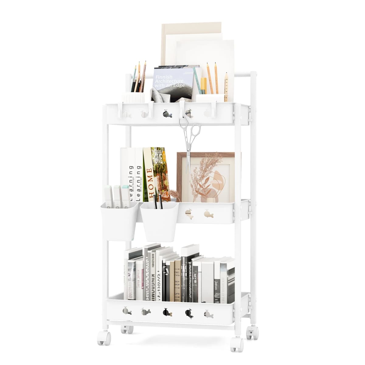 3-level trolley, serving trolley with wheels, kitchen trolley with 2 hanging cups & 4 hooks & handle, multi-purpose trolley for kitchen