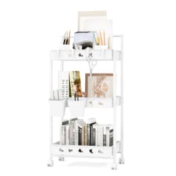 3-level trolley, serving trolley with wheels, kitchen trolley with 2 hanging cups & 4 hooks & handle, multi-purpose trolley for kitchen