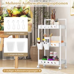 3-level trolley, serving trolley with wheels, kitchen trolley with 2 hanging cups & 4 hooks & handle, multi-purpose trolley for kitchen