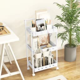 3-level trolley, serving trolley with wheels, kitchen trolley with 2 hanging cups & 4 hooks & handle, multi-purpose trolley for kitchen