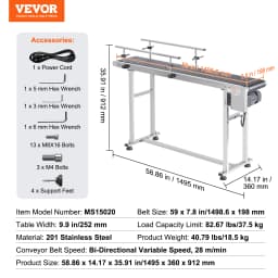 SucceBuy PVC Belt Conveyor Table Double Guardrail Stainless Steel Motorized Adjustable Speed for Factory Inkjet Coding Powered