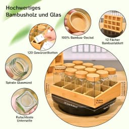 Natural Bamboo Spice Rack With 12 120ml Glass Spice Jars, With Bamboo Lids And Diy Labels, Easy To Move Spice Storage