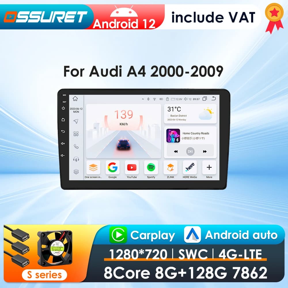 OSSURET CarPlay Android Auto Car Radio For Audi A4 B8 2000-2009 Car Multimedia Player Navi GPS 2din 4G intelligent autoradio RDS