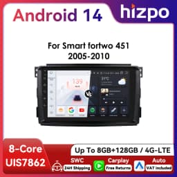 Hizpo 2Din 9inch Android13 Car Radio for Smart Fortwo 451 2005 - 2010 UI7862 Multimedia GPS Navi DSP RDS 4G BT CarPlay SWC