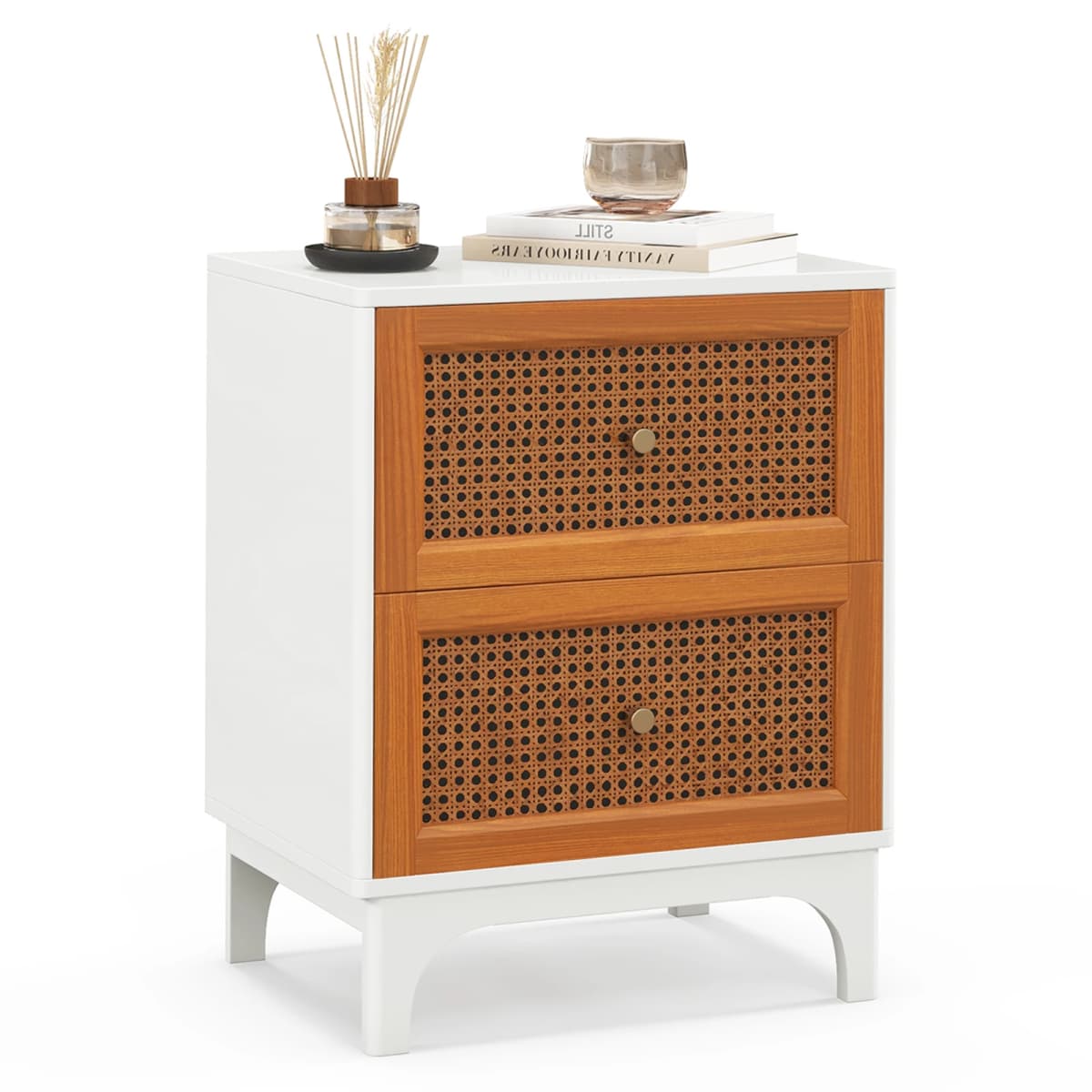 Rattan Bedside Table 2 Drawer Bedside Cabinet side table table Solid Wood Beam Night chest of drawers Boho Style Sofa table for