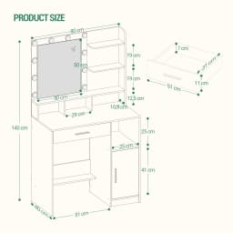 Hzuaneri Dressing Table with Mirror and 10 LED Lights, Vanity Unit with 3 Shelves & 4 Open Compartments, with Large Drawer
