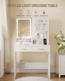 Dressing Table with LED Light, 2 AC Outlets and 2 USB, with 2 Drawers and 4 Open Compartments, for Bedroom, Living Room