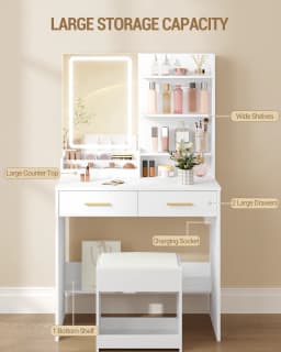 Dressing Table with LED Light, 2 AC Outlets and 2 USB, with 2 Drawers and 4 Open Compartments, for Bedroom, Living Room