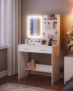 Dressing Table with LED Light, 2 AC Outlets and 2 USB, with 2 Drawers and 4 Open Compartments, for Bedroom, Living Room