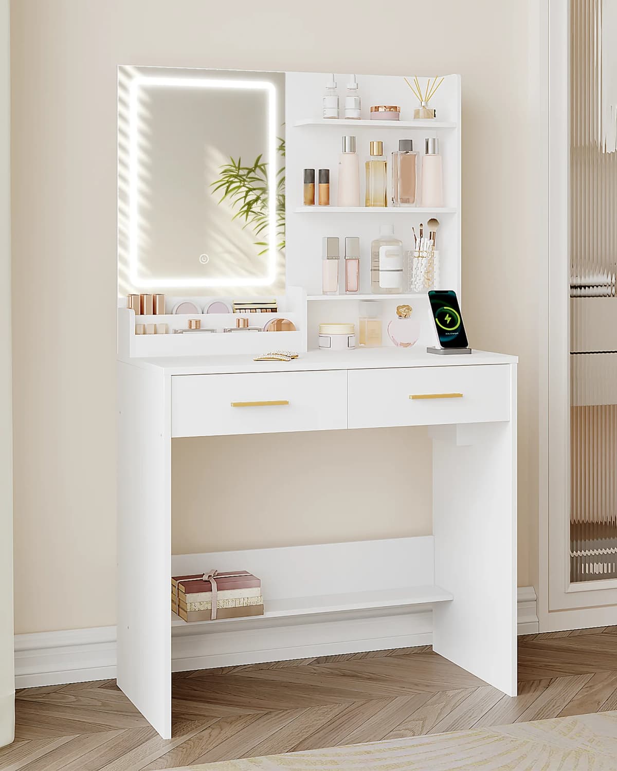 Dressing Table with LED Light, 2 AC Outlets and 2 USB, with 2 Drawers and 4 Open Compartments, for Bedroom, Living Room