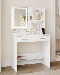Dressing Table with LED Light, 2 AC Outlets and 2 USB, with 2 Drawers and 4 Open Compartments, for Bedroom, Living Room