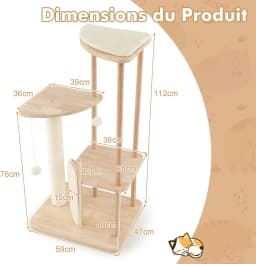 112 cm multi-layer wooden cat tree with sisal board and scratching post, padded perch for kittens