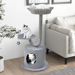 106 cm Cat Scratching Tree, curved design, sisal scratching pads, flower shape, 2 suspension balls, for small/large cats, grey