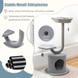 106 cm Cat Scratching Tree, curved design, sisal scratching pads, flower shape, 2 suspension balls, for small/large cats, grey