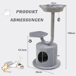 106 cm Cat Scratching Tree, curved design, sisal scratching pads, flower shape, 2 suspension balls, for small/large cats, grey