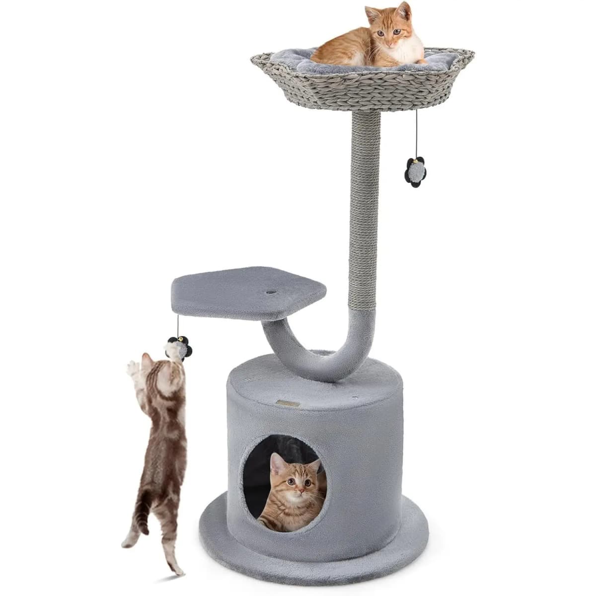 106 cm Cat Scratching Tree, curved design, sisal scratching pads, flower shape, 2 suspension balls, for small/large cats, grey