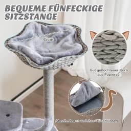 106 cm Cat Scratching Tree, curved design, sisal scratching pads, flower shape, 2 suspension balls, for small/large cats, grey