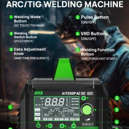 AIXZ 250 Amps 5 in 1 HF TIG Welder AIT250P AC/DC Aluminum Welding MMA ARC Argon Digital Pulse TIG Welding Machine 2T/4T IGBT Inverter for Stainless Steel Aluminum Hot Start Arc Force Anti-Stick