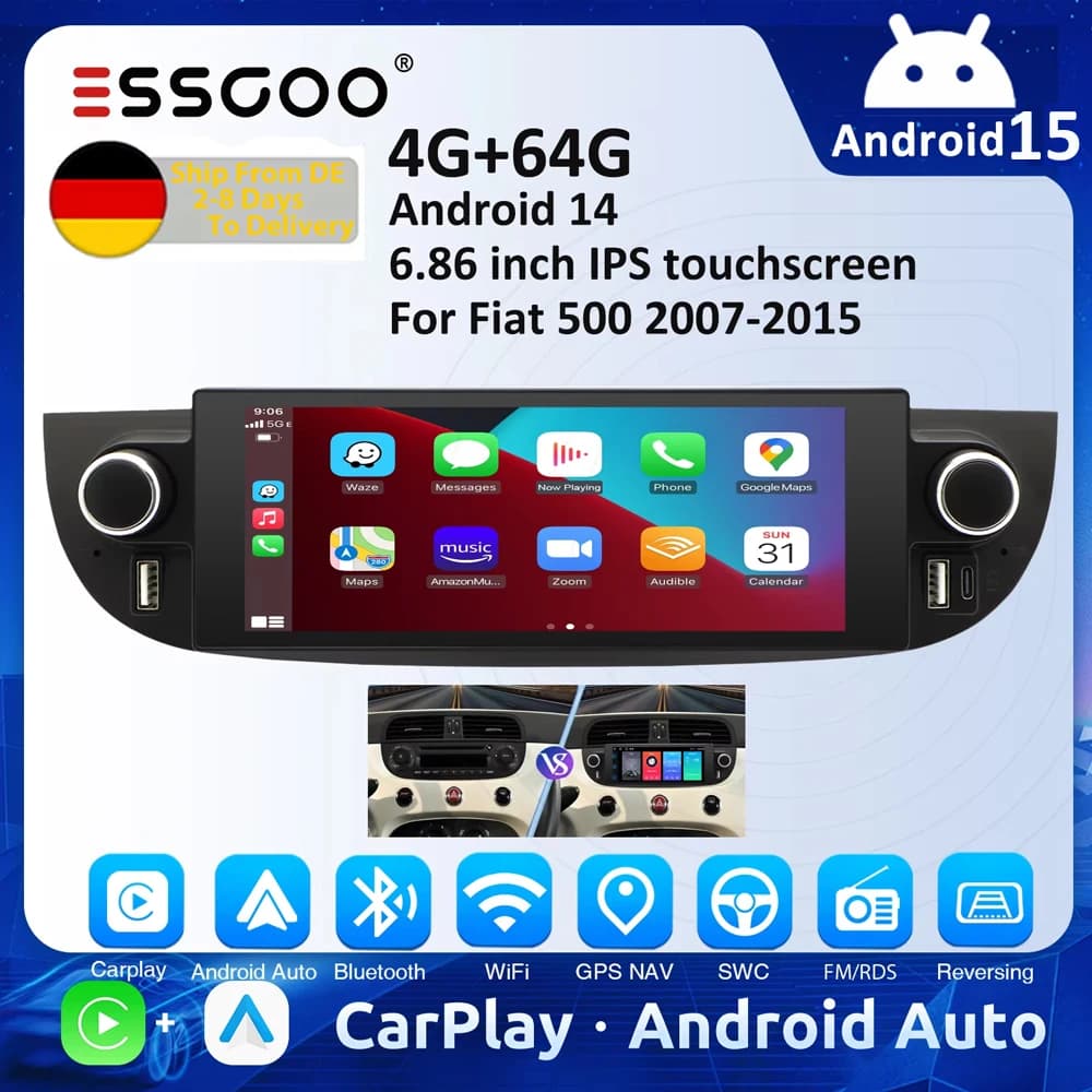 ESSGOO Android 15 4+64G Car Radio For Fiat 500 2007-2015 Wireless Carplay WIFI Navigation Multimedia Player 