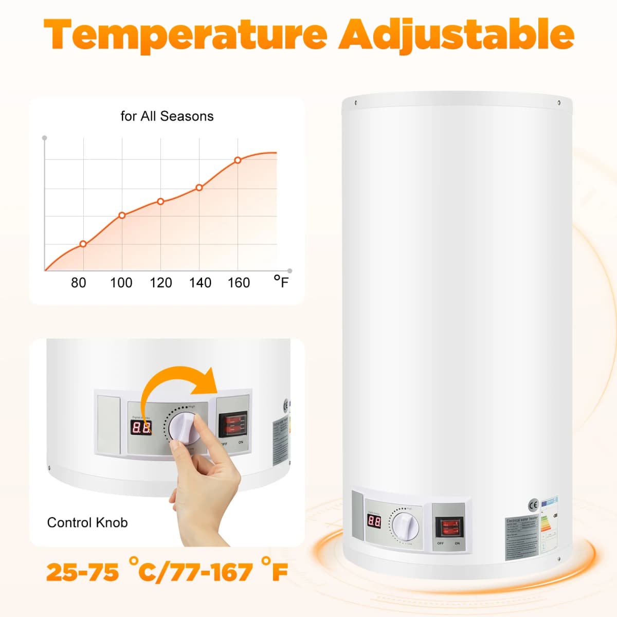 Electric Water Heater White Column 2000W Vertical Wall Mounted Shower Kit Temperature Control for Kitchen Bathroom