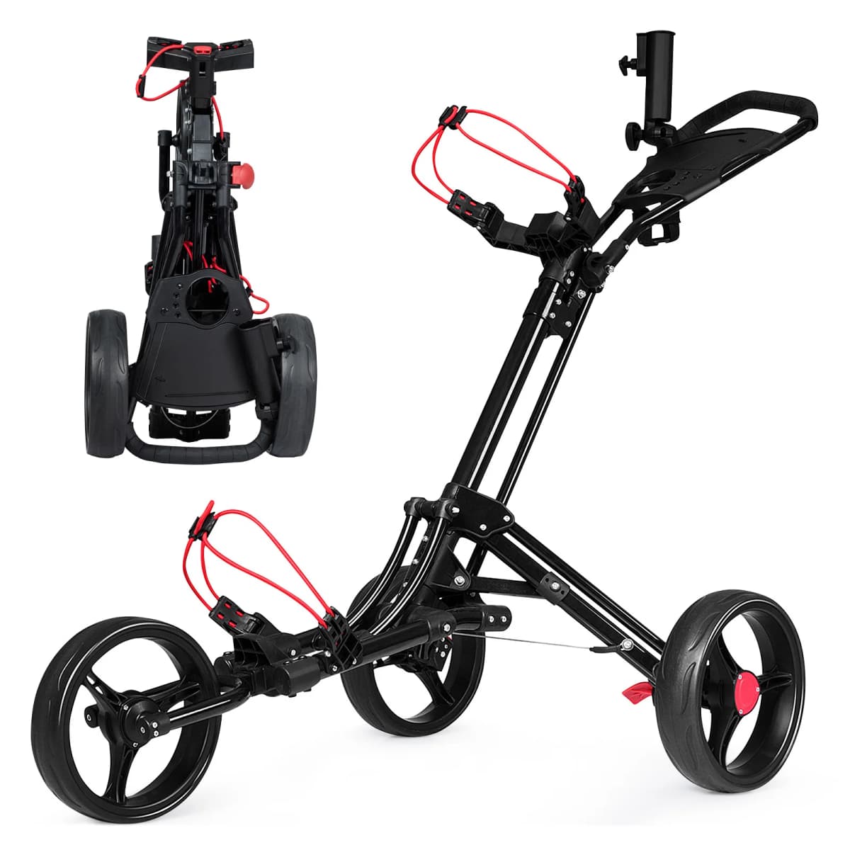3 Wheel Golf Push Cart, Folding Golf Walking Push Cart w/ Elastic Straps, Umbrella & Cup Holder, Scoreboard Storage, Lightweight