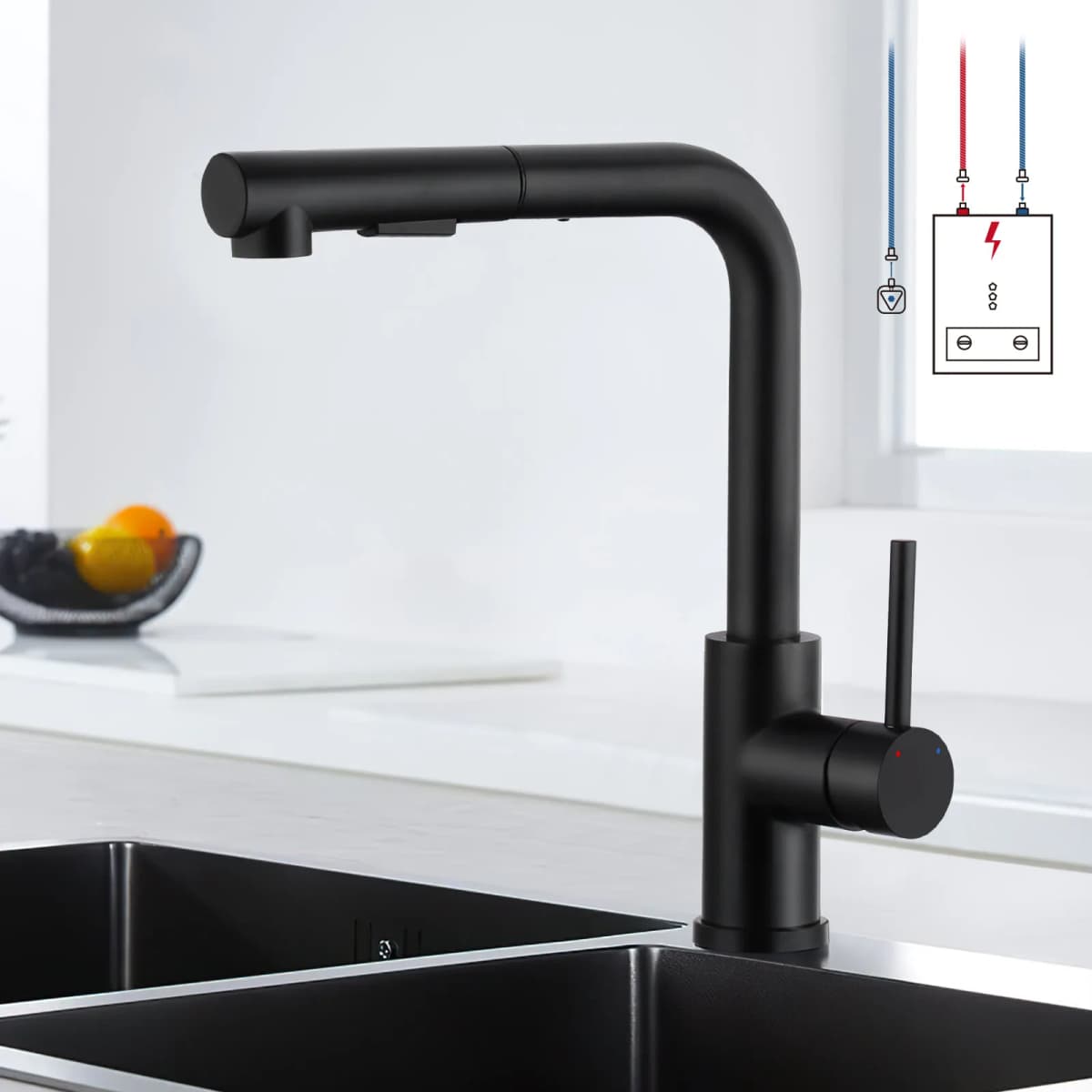 Black Low Pressure Kitchen Faucet, Pull Out Spray, 360° Swivel, 3 Hoses, 2 Water Modes, for Open Water Heaters
