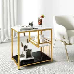 Side Table Marble Look, 3-Tier Bedside Table with Metal Frame, Modern, Living Room Table, Rectangular for Living Room, Bedroom