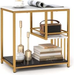 Side Table Marble Look, 3-Tier Bedside Table with Metal Frame, Modern, Living Room Table, Rectangular for Living Room, Bedroom