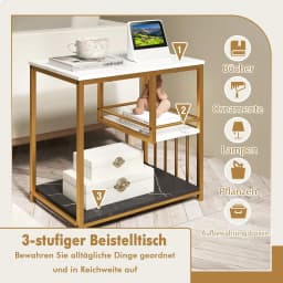 Side Table Marble Look, 3-Tier Bedside Table with Metal Frame, Modern, Living Room Table, Rectangular for Living Room, Bedroom