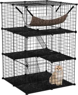 Cat Cage 3-Tier Large Cat Run with Hammock, 2 Ladders, 3 Doors & Skylights, Removable Kennel, Metal Wire Cage