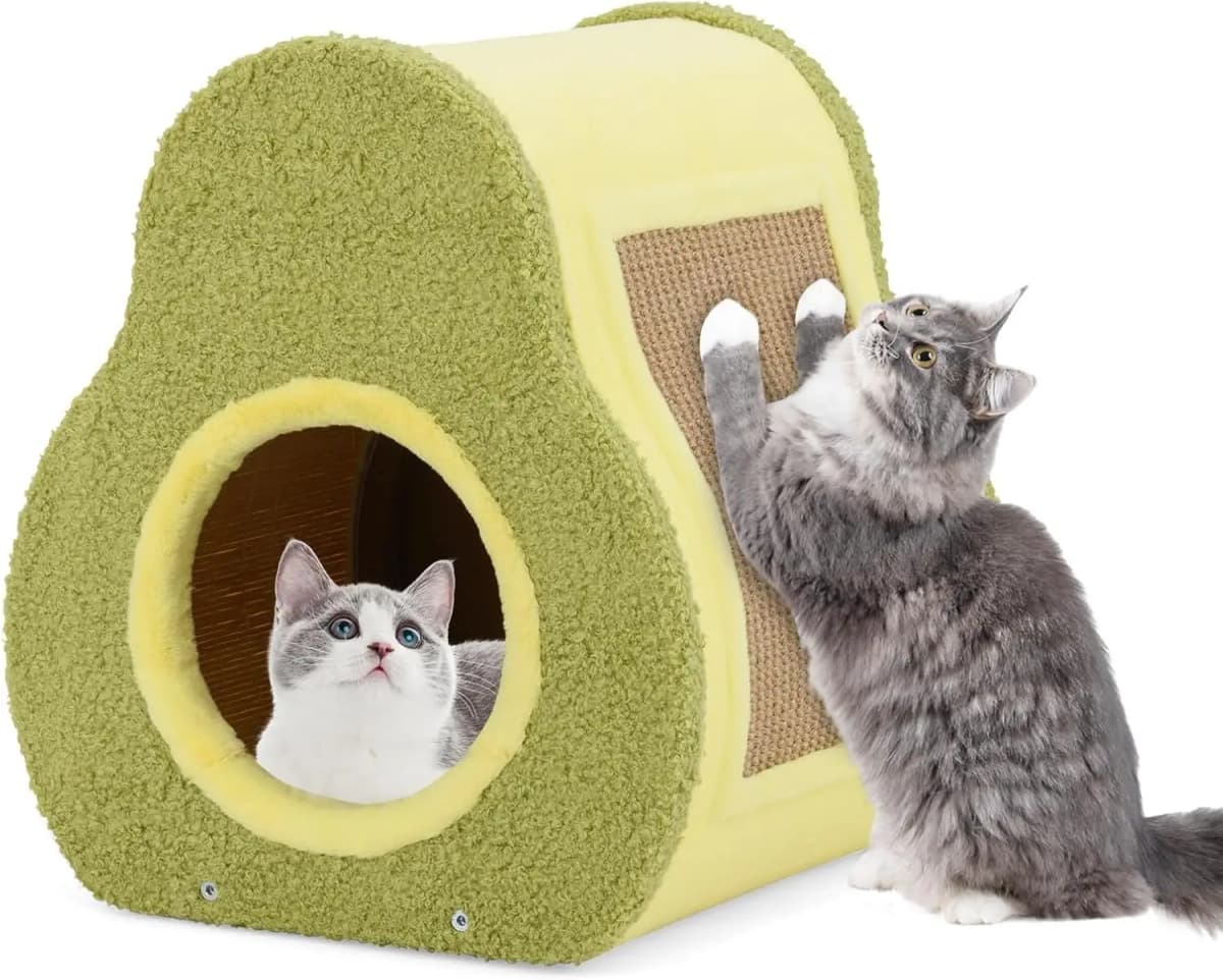 Cat Cave in Avocado Look, 2-in-1 Cat Bed & Jute Scratching Board, Cat Tent Cat Furniture Indoor, 35 x 33 x 40 cm