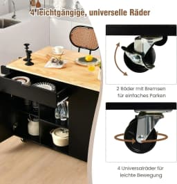 Kitchen Trolley with Extendable Work Surface, Serving Trolley on Wheels, with Shelves & Drawer & Spice Rack,