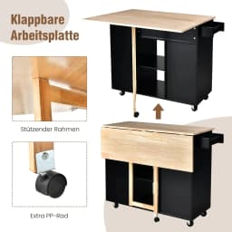 Kitchen Trolley with Extendable Work Surface, Serving Trolley on Wheels, with Shelves & Drawer & Spice Rack,