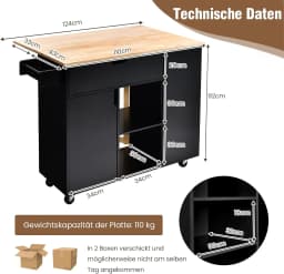 Kitchen Trolley with Extendable Work Surface, Serving Trolley on Wheels, with Shelves & Drawer & Spice Rack,