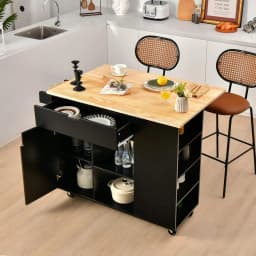 Kitchen Trolley with Extendable Work Surface, Serving Trolley on Wheels, with Shelves & Drawer & Spice Rack,