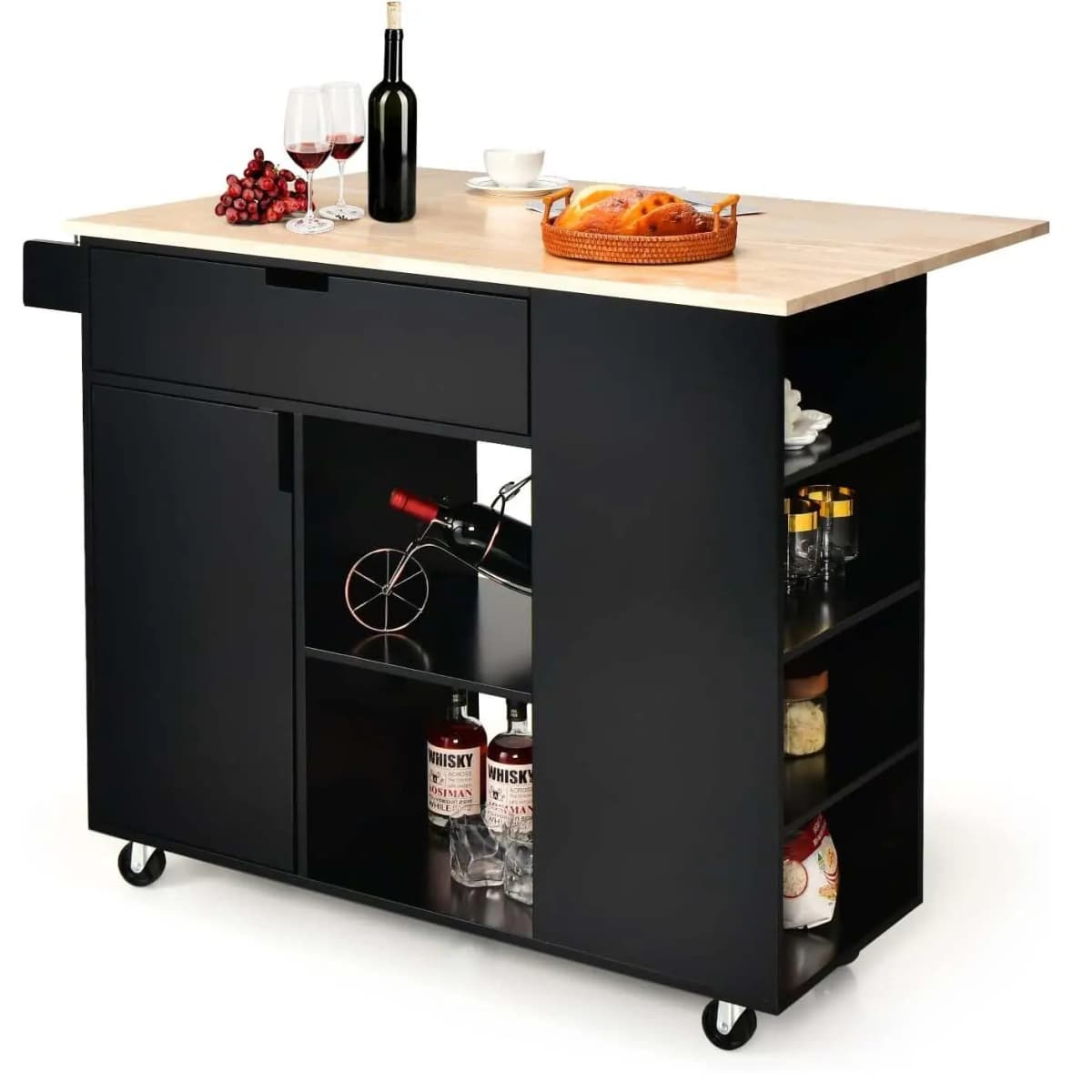 Kitchen Trolley with Extendable Work Surface, Serving Trolley on Wheels, with Shelves & Drawer & Spice Rack,