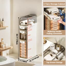 4 Tier Narrow Bathroom Storage Cabinet, Floor Cabinet with Toilet Paper Holder, Wheels, Bathroom Storage Organizer for Kitchen