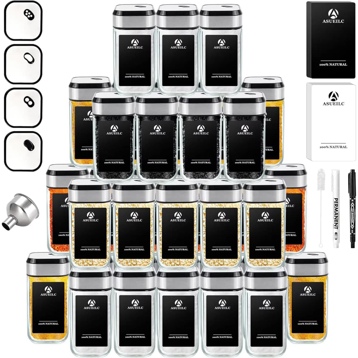 35pcs Spice Jars with 360° Rotating Lids, 120ml Glass Containers, 3 Adjustable Settings, Pantry Organizer for Herbs, Spices