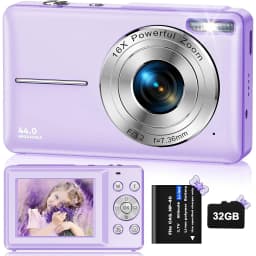 1080P Digital Camera with 32 GB Card Kids Compact Digital Camera 44 MP 16x Digital Zoom 2.4 Inch Screen Purple