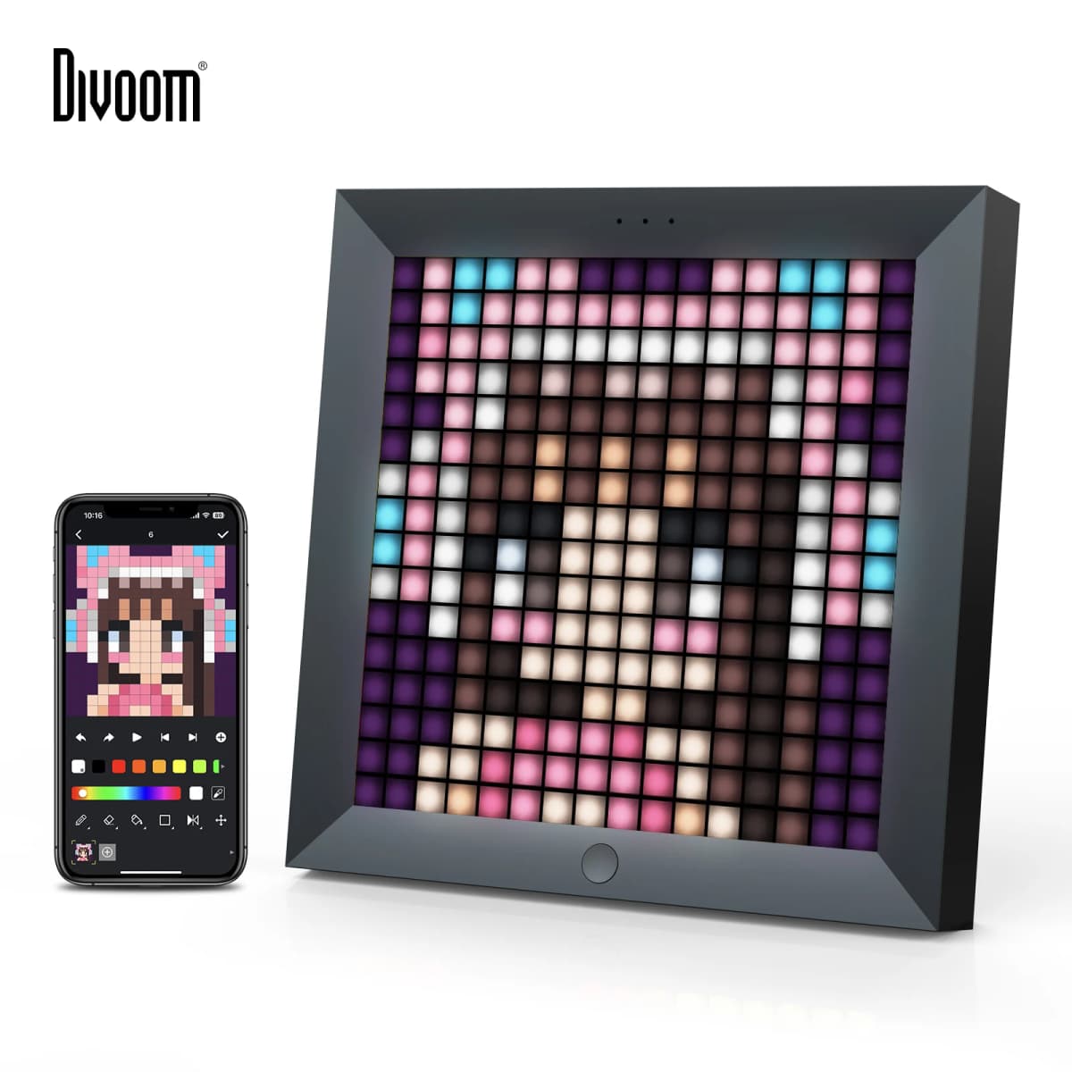 Divoom Pixoo Digital Photo Frame Alarm Clock with LED Pixel Art Display, Neon Light Decor, Smart Gift for New Year & Gamers