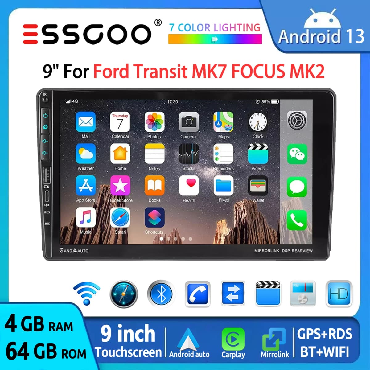 ESSGOO Android 13 9" Car Stereo Radio For Ford Transit MK7 FOCUS MK2 Carplay Android Auto 64G USB GPS Navigation WiFi BT FM RDS