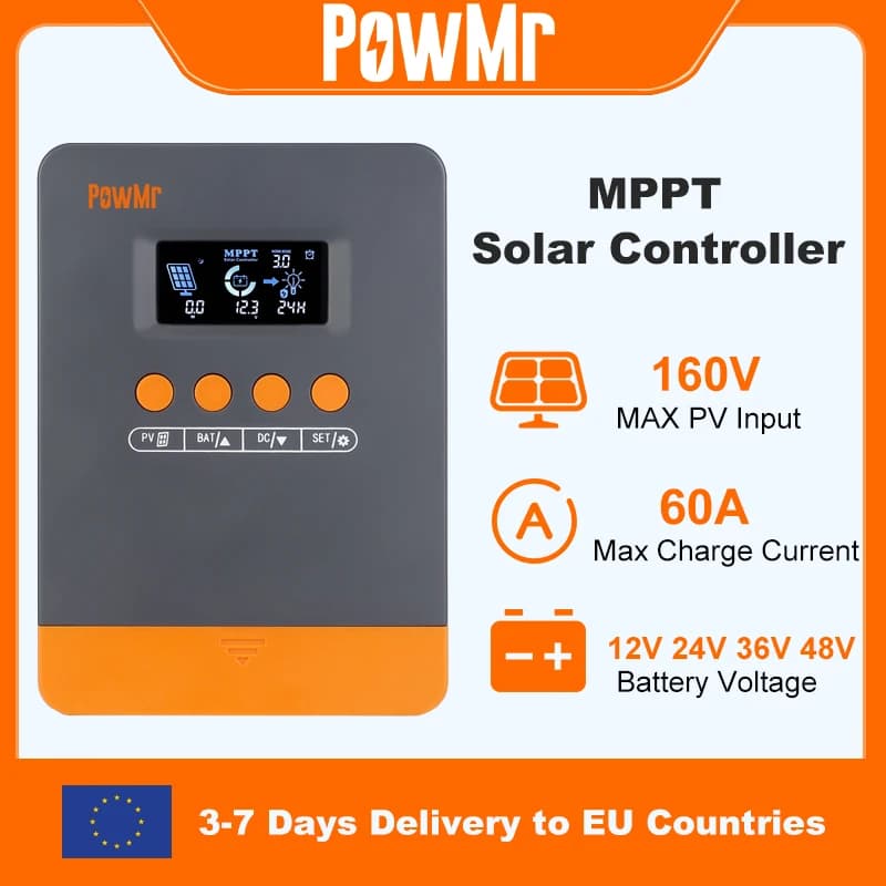 PowMr MPPT 60A Solar Charger Controller 12V 24V 36V 48V Auto Lifepo4 Battery Charger Solar Panel Regulator Max PV Input 160VDC