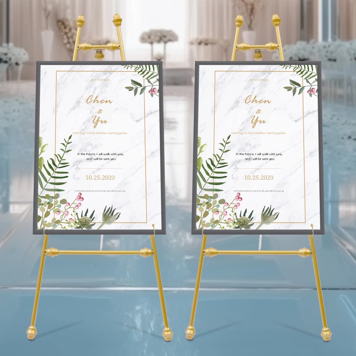 2PCS Gold Floor Easel Stands with Adjustable Hook, 5kg Load Bearing Iron Wedding Easel Stand  for Shopping Malls Restaurants