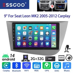 ESSGOO 9" 2DIN Android 14 Car Stereo Radio for Seat Leon MK2 1P1 05-12 Wireless Carplay Android Auto GPS Navi SWC FM BT WiFi RDS